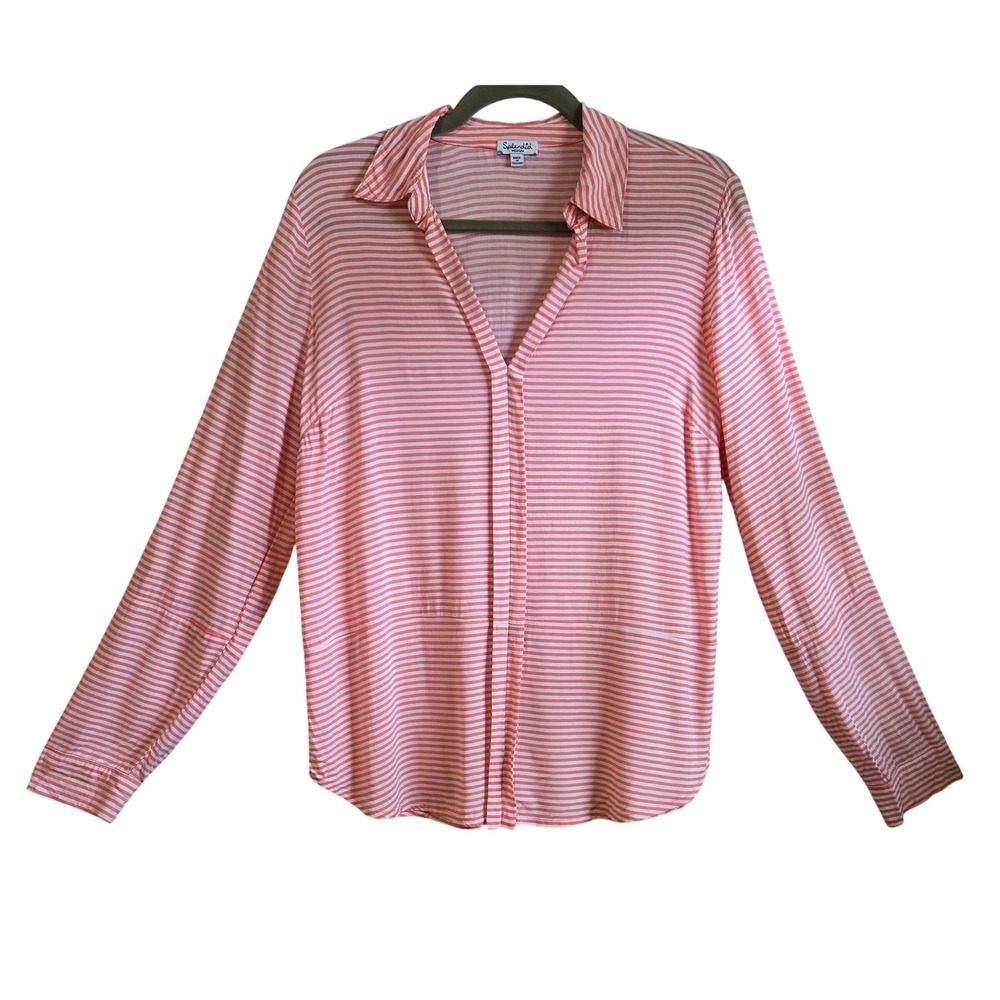 Splendid Women's M Boho Chic Coral White Striped Rayon Long Sleeve V-Neck Blouse